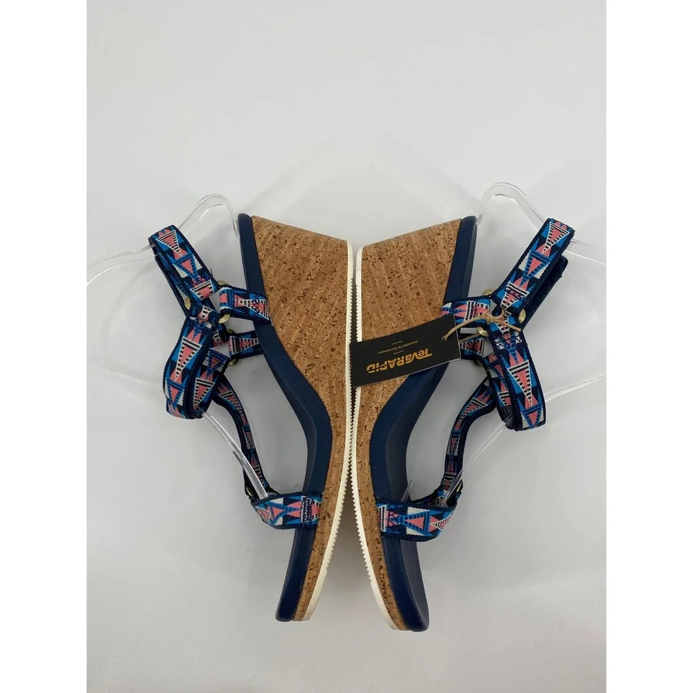 Teva Zirra Cork Wedge Sandals Women 10 Navy Blue Geometric‎ Strappy Boho